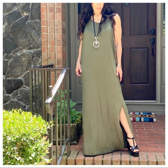 OLIVE GREEN SIDE SLITS TANK MAXI DRESS - Picture 8 of 15